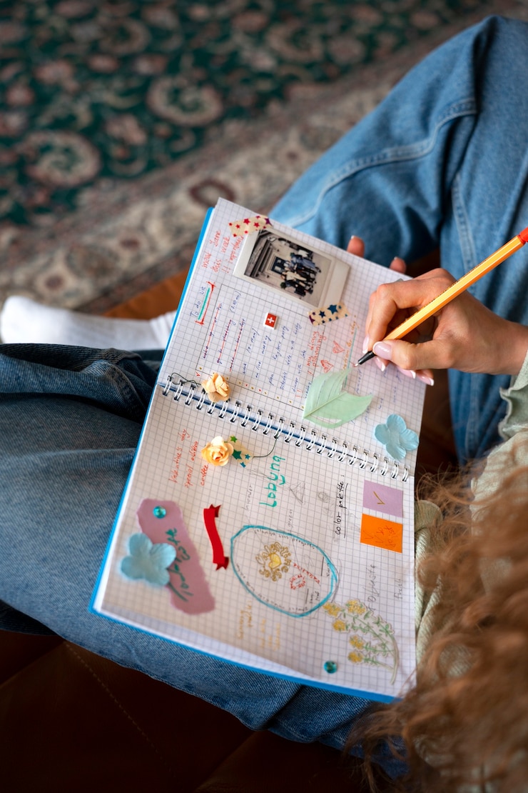 Free Photo high angle woman doing creative journaling