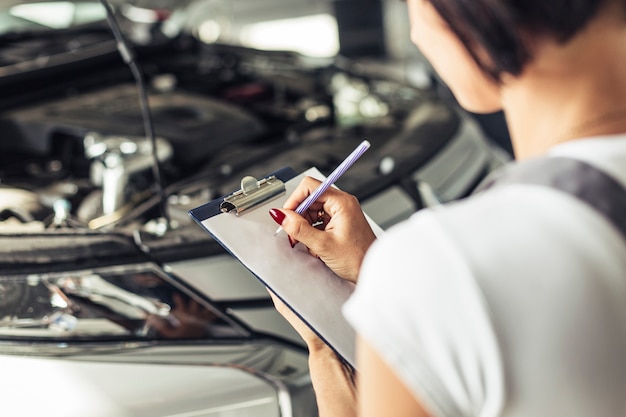 Foto gratuita forma di servizio dell'automobile di sensibilità della donna dell'angolo alto