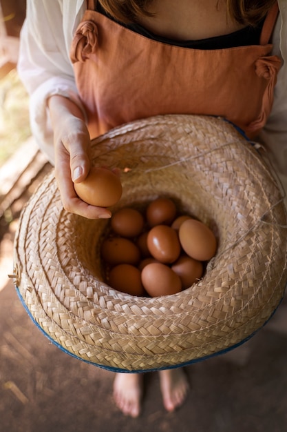 High angle woman holding hat with eggs