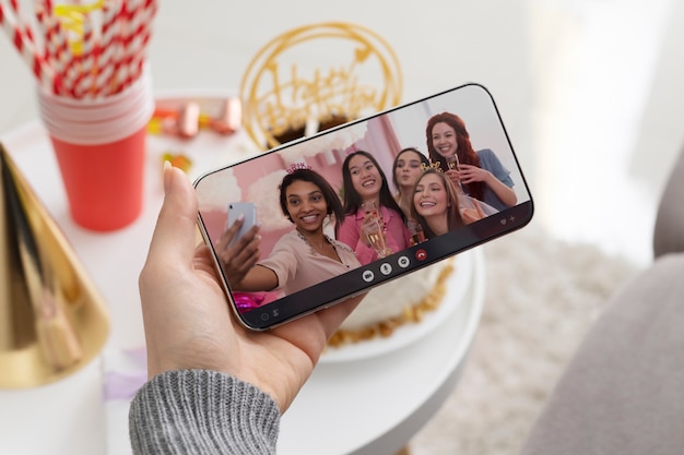 High angle woman holding smartphone