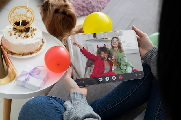 High angle woman holding tablet