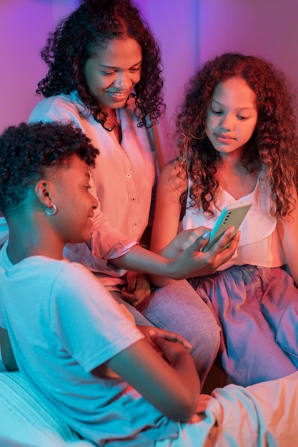 High angle woman and kids spending time at home