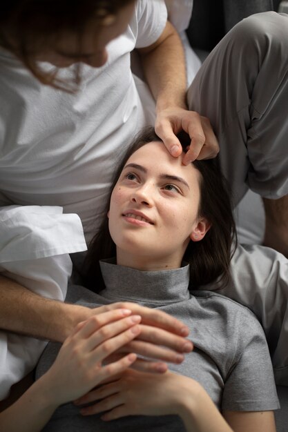 high angle of woman looking at boyfriend