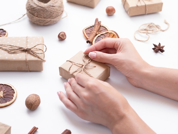 High angle of woman making decorations