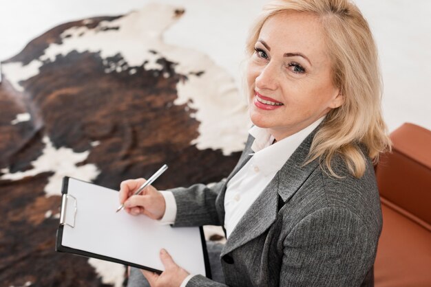 High angle woman at office