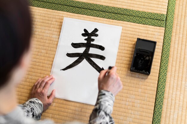 High angle woman painting japanese symbol