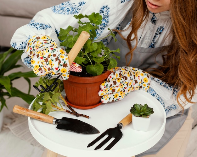 Free photo high angle of woman planting at home