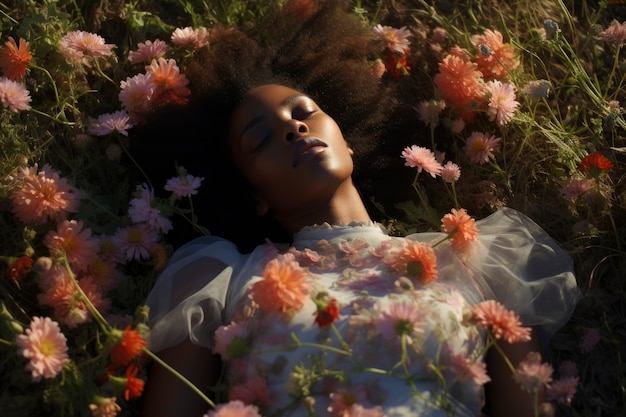 High angle woman posing with beautiful flowers