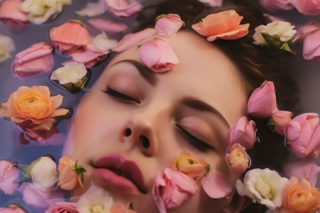 High angle woman posing with flowers