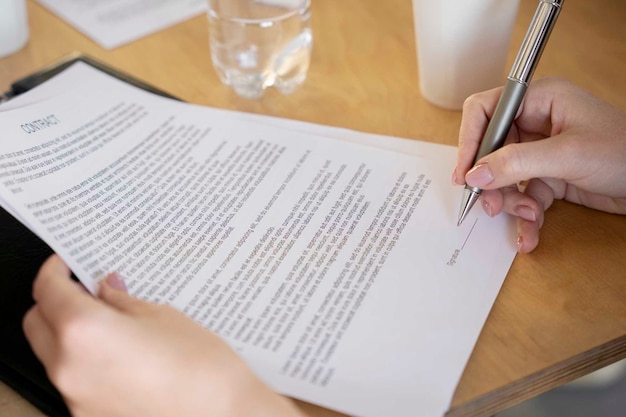 High angle woman signing document