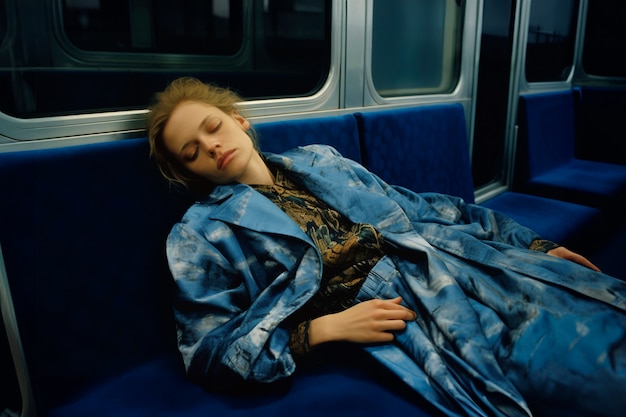 Foto gratuita donna ad alto angolo che dorme nei trasporti pubblici