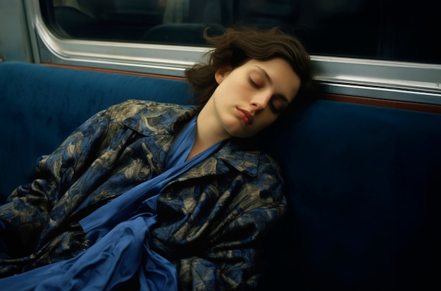Женщина с высоким углом спит в общественном транспорте