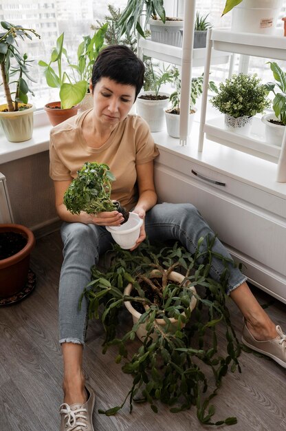 屋内植物の世話をする女性の高角度