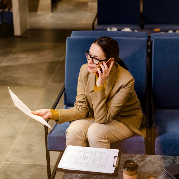 High angle woman talking on phone