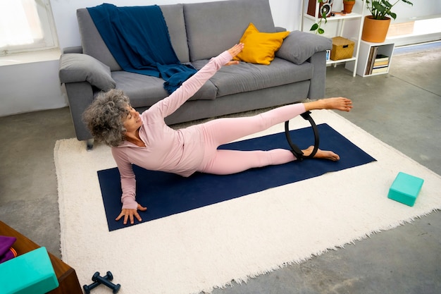 High angle woman training at home