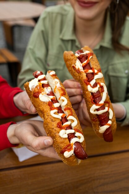 High angle woman with delicious hot dog