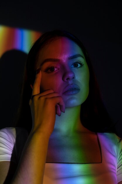 High angle woman with rainbow light