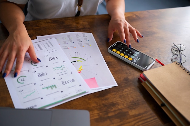 High angle woman working as economist