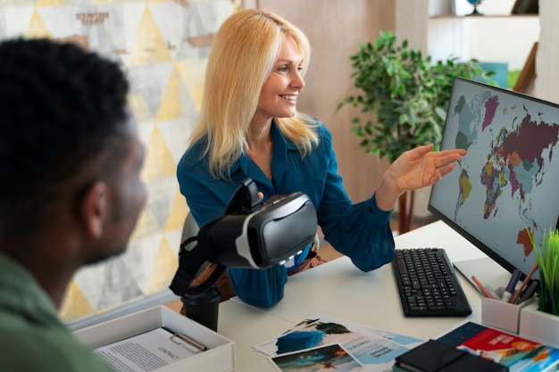 Free photo high angle woman working as travel agent