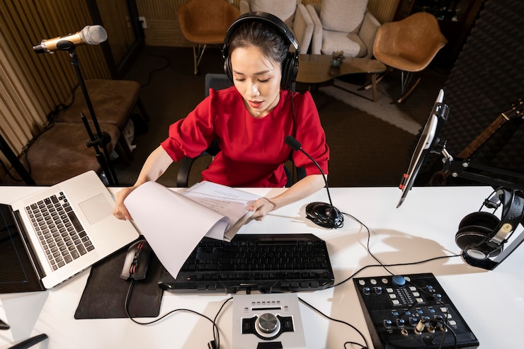 High angle woman working at radio with professional equipment