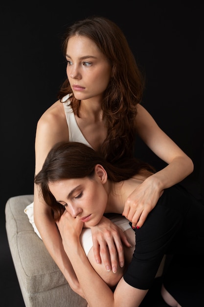 High angle women bonding in studio