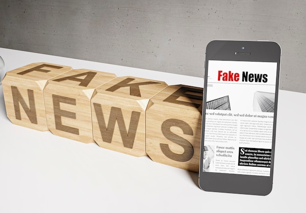 High angle of wooden cubes with fake news and smartphone