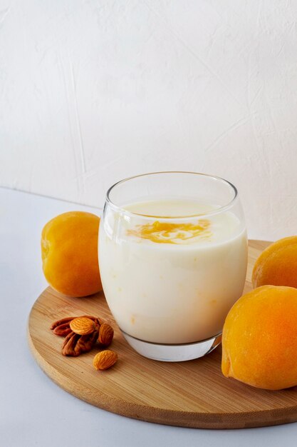 High angle yogurt glass with fruits