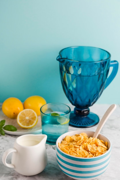 High angle yogurt with cornflakes bowl