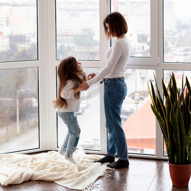 High angle young mom with daughter