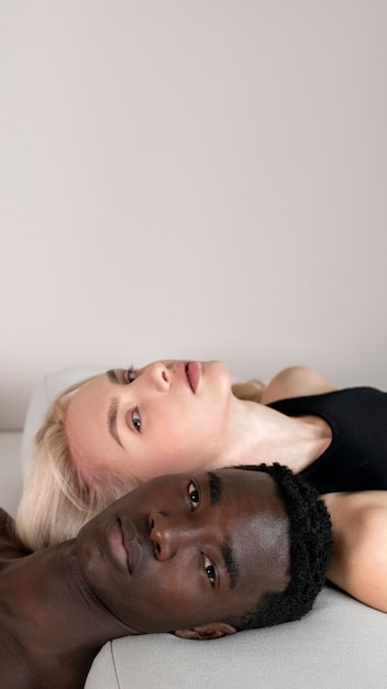 High angle young people posing in studio