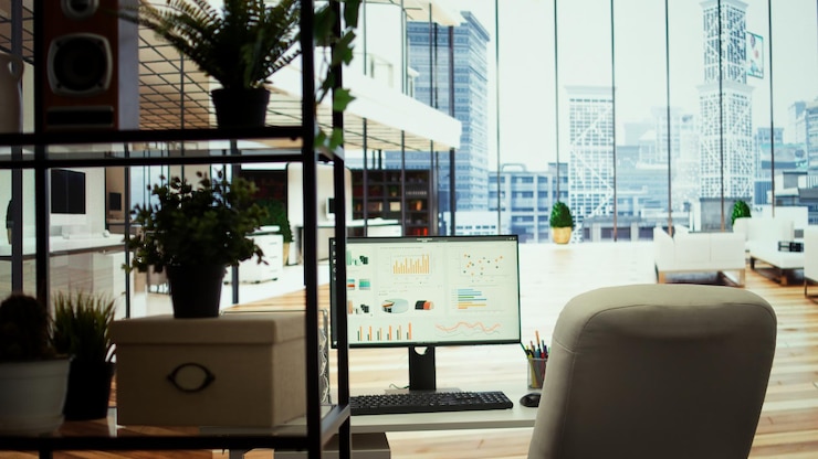 Free Photo high end company office with a computer showing detailed data insights