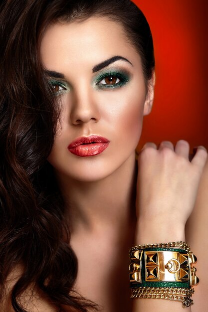 High fashion look. glamor closeup portrait of beautiful Caucasian young woman model with red lips