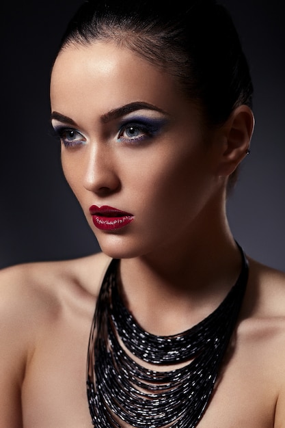 High fashion look.glamor closeup portrait of beautiful sexy stylish brunette Caucasian young woman model