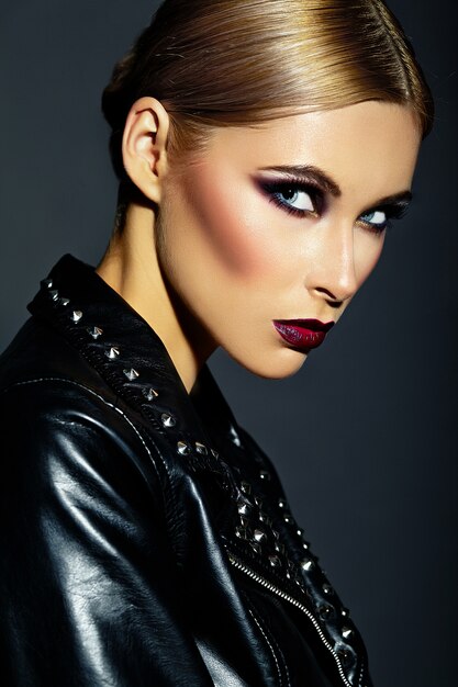 high fashion look.glamor closeup portrait of beautiful sexy stylish caucasian young woman model with bright modern makeup, with dark red lips,  with perfect clean skin