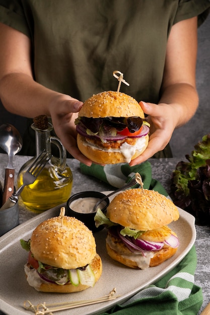 High protein meal of burgers close up detail