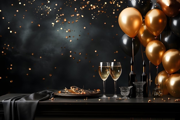 Foto gratuita palloncini dorati e neri di alta qualità con champagne sul tavolo