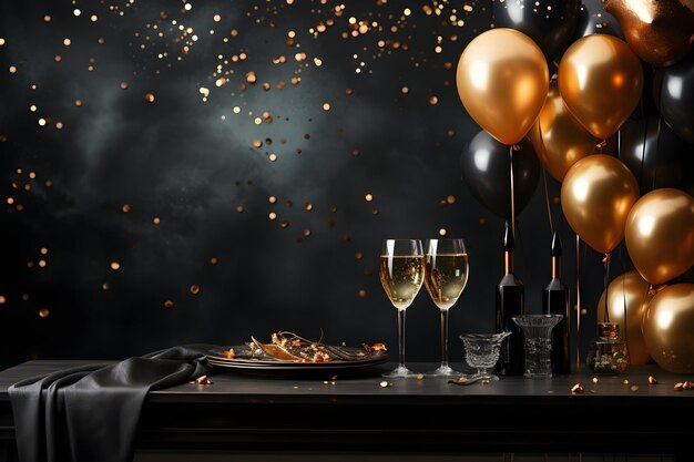 high quality gold and black balloons with champagne on the table