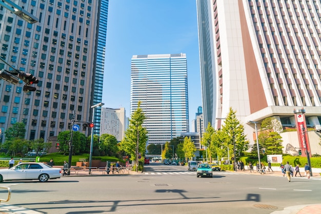 High-rise buildings and blue sky