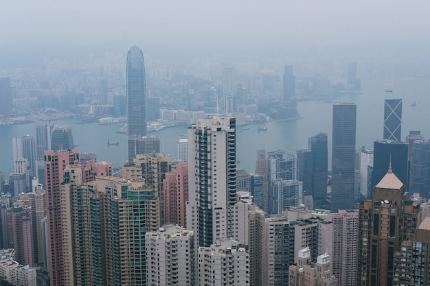 High skyscrapers densely situated at the coast of the ocean