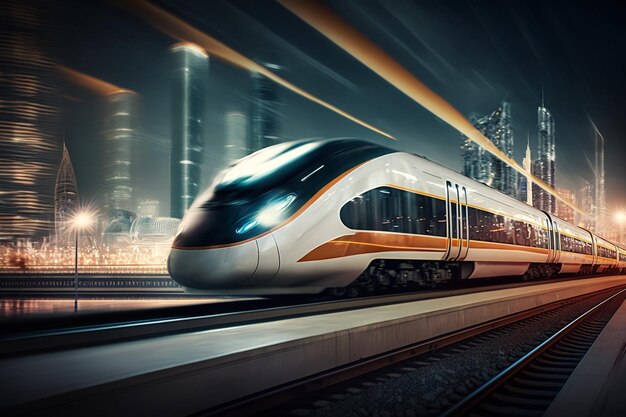 High speed train at station and blurred cityscape at night on background generative ai