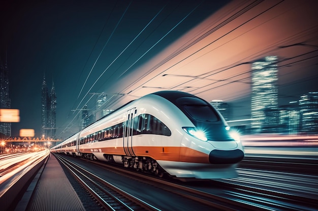 Free photo high speed train at station and blurred cityscape at night on background generative ai