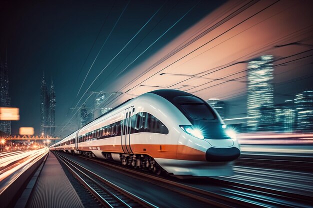 High speed train at station and blurred cityscape at night on background generative ai