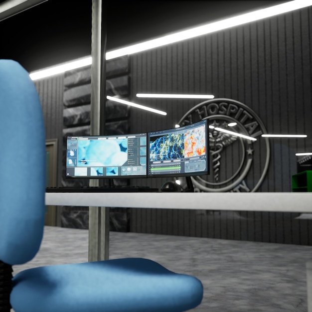 high tech clinical environment with pc displays showing healthcare software