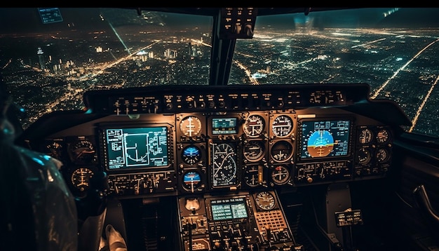 High tech cockpit equipment illuminates night aerial travel generated by AI