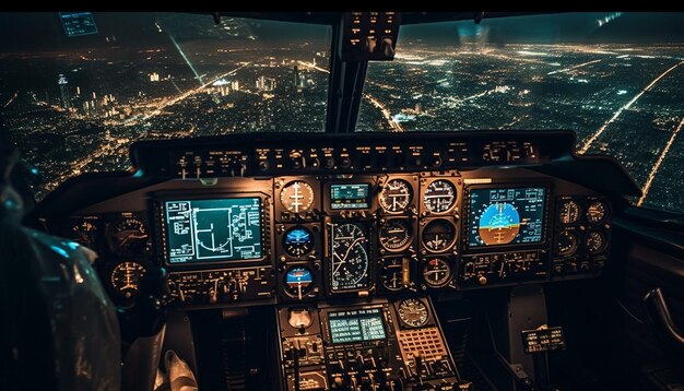 Высокотехнологичное оборудование кабины освещает ночное воздушное путешествие, созданное искусственным интеллектом