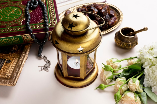 Free photo high view arabic candle holder