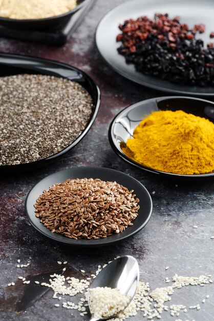 High view arrangement of seeds in bowls