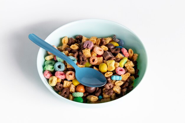 High view blue bowl with fruit loop cereals