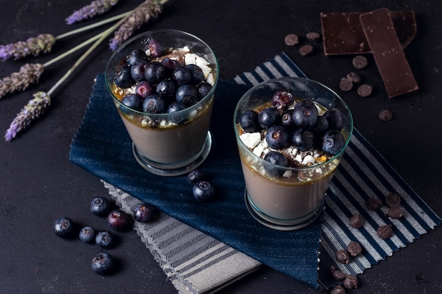 High view blueberry chocolate mousse 