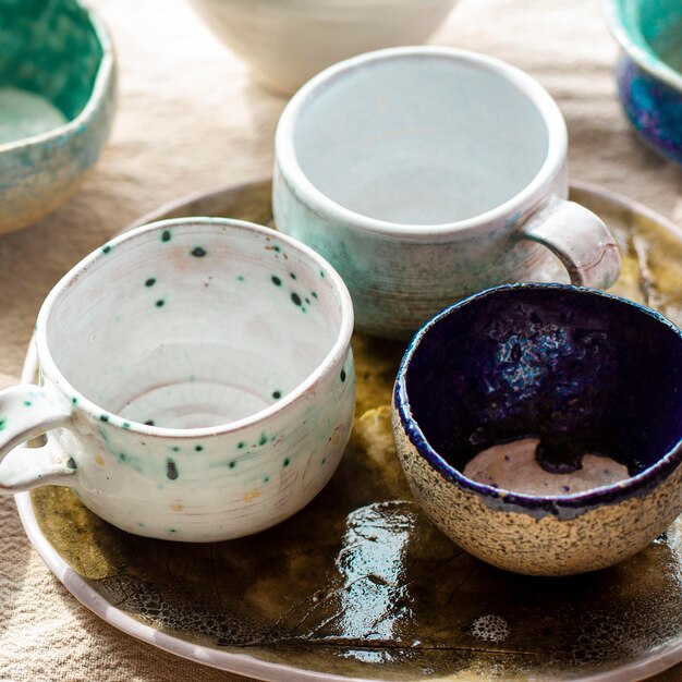 High view bowls and mugs pottery concept